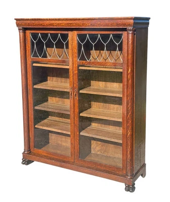 ANTIQUE VICTORIAN TIGER OAK DOUBLE DOOR BOOKCASE WITH SHIELD FORMED LEADED GLASS - Image 1 of 4