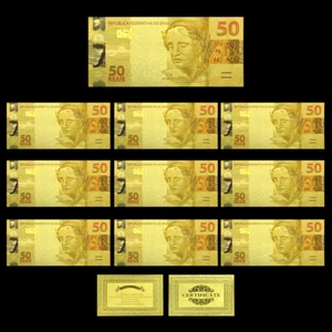 2010 Years Brazil Money 50 Reais 10pcs/lot Gold Plastic Banknotes Art Crafts - Picture 1 of 6