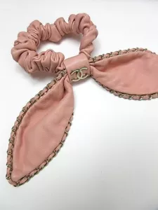 CHANEL Coco Logos Link Scrunchie Leather Pink Hair Accessory cs-1038 From Japan - Picture 1 of 6