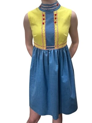 Vtg  60s Sz XS~S MOD Mini Dress Blue Chambray Yellow Red Accents Metal Zipper - Image 1 of 4
