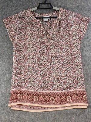 Liz Claiborne Top Womens Large Pink Green Floral Pullover V-Neck Cap Sleeve - Image 1 of 4