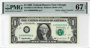 1995 $1 BILL FRN FANCY SUPER TWO # RADAR NOTE SERIAL#💎09099090💎67EPQ SUPERB - Picture 1 of 6