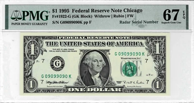 1995 $1 BILL FRN FANCY SUPER TWO # RADAR NOTE SERIAL#💎09099090💎67EPQ SUPERB - Image 1 of 4