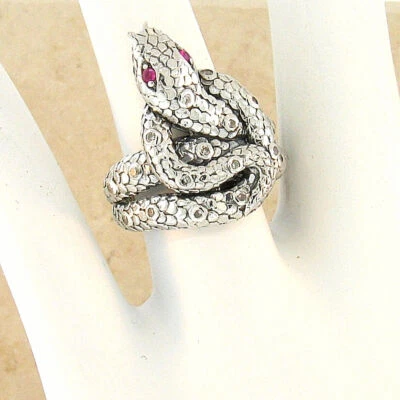 GENUINE RUBY EYED SNAKE RING 925 STERLING SILVER ANTIQUE STYLE RING         #401 - Image 1 of 3