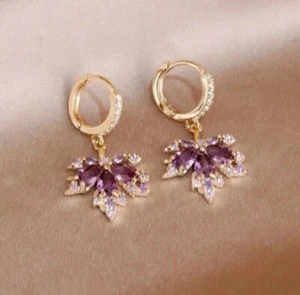 10K Yellow Gold With Simulated Amethyst & Moissanite Leaf Drop-Dangle Earrings - Picture 1 of 3