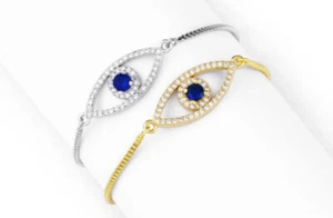 Evil Eye Charm CZ STONES bolo style adjustable bracelet SILVER GOLD & ROSE GOLD - Picture 1 of 5