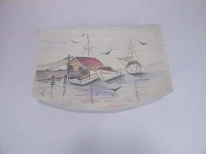 Plate Candy Trinket Dish Sailboat Harbor Footed Curved Edges Hand Painted - Picture 1 of 8