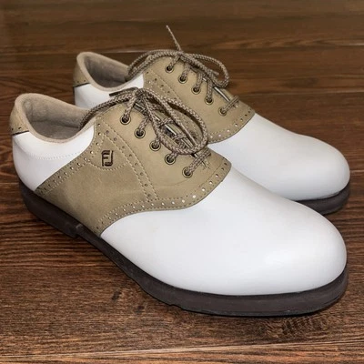 Tênis de golfe Footjoy FJ Greenjoys 48727 feminino branco bronzeado sela tamanho 7 - Imagem 1 de 4