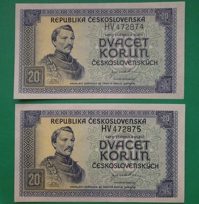 ESTATE LOT - Czechoslovakia 20 korun 1945 (n.d.), Uncirculated consecutive pair - Image 1 of 4
