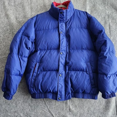 Lands End Vintage Down Puffer Quilted Full Zip Snap Jacket Coat Men's L Blue Red - Image 1 of 4