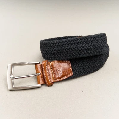 Peter Millar Woven Stretch Belt Mens M Black  Leather Trim Nickel Buckle - Image 1 of 4