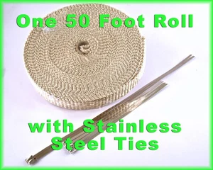 EXHAUST HEAT HEADER WRAP 1/8"x1"x 50 FT TAN HIGH TEMP & STAINLESS STEEL TIES - Picture 1 of 3
