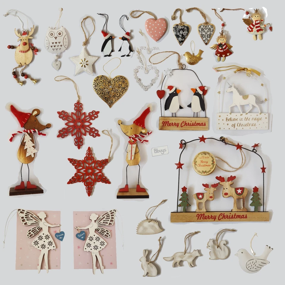 Wood Red White Hanging Heart Star Hedgehog Robin Fox Bird Fairy Deer Decoration - Image 1 of 1