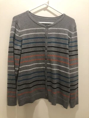 Cardigan Sweater Ladies Size 1X Gray With Multi Color Stripes L Sleeve Button Up - Image 1 of 4