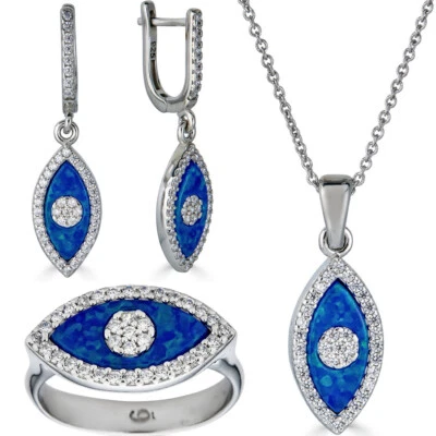 Conjunto de collar y pendientes de plata 925 con ópalo azul Hamsa para damas niñas Foto 1 de 4