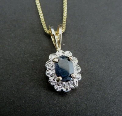 Necklace Silver Blue Sapphire Stone Gold Wash over Sterling 925 Pendant Chain - Image 1 of 4