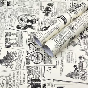 Klebende Tapete Zeitung Druck Klebrig Kunststoff Retro Vintage Elfenbein Rolle - Bild 1 von 4