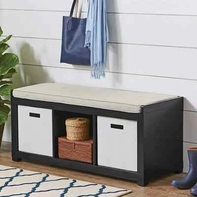 3-Cube Entryway Wood Storage Bench with Upholstered Sitting Cushion, Black - Image 1 of 4