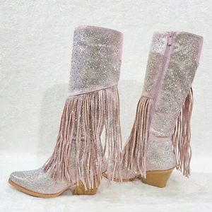 Western Diva Baby Pink Asymmetrical Fringe Rhinestone Glam Cowgirl Boots - Picture 1 of 14