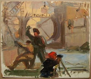 Ukrainisches Sowjetisches Ölgemälde Industrie Impressionismus Fabrikarbeiter Baumeister - Bild 1 von 6