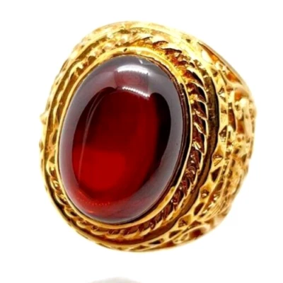 Anillo cabujón simulado granate rojo hombre oro amarillo 24K relleno aspecto de colección talla 12 Foto 1 de 4