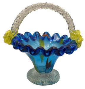 Hand Blown Art Glass Ribbed Basket Candy Dish Twisted Handle - Picture 1 of 14