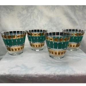 Set di 4 corone oro vintage MCM Fred Press Lowball vetro strisce teal - Foto 1 di 11