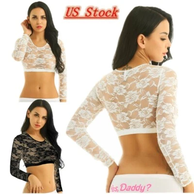 Sexy Womens Lace See-Through Crop Top Sheer Round Neck Long Sleeves Tank Tops - Image 1 of 4