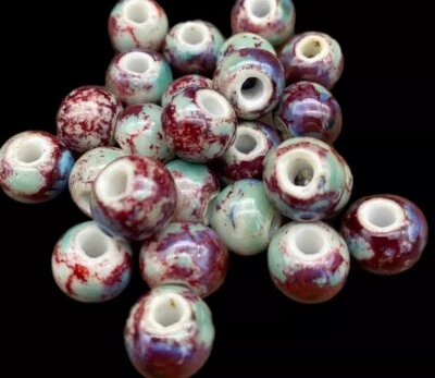 Red/Teal Porcelain Ceramic - Round Beads - (Approx 10mm) 24pc - Image 1 of 3
