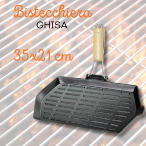 BISTECCHIERA GHISA PESANTE GREZZA RETTANGOLARE ANTIADERENTE MANICO LEGNO 35*21CM - Foto 1 di 1