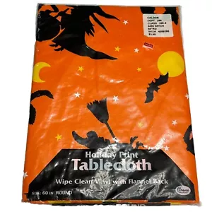 Vintage Halloween Tischdecke Hexe Fledermäuse 60 Zoll Runde Vinyltischdecke Neu - Bild 1 von 4