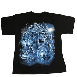 Vintage 90s USA Thunder Shirt Native American Indian Wolf Lightning Biker M - Picture 1 of 6