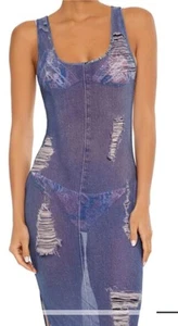Forever 21 Damen-Maxikleid Denim-Druck Netz Schwimmen Überziehen Größe Small - Bild 1 von 11