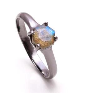 Natural Labradorite Hexagon Ring Black Oxidized 925 Sterling Silver Jewelry - Picture 1 of 20