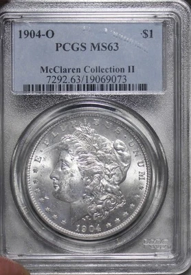 Dólar de plata O Morgan 1904 sin circular graduación profesional MS63 colección McClaren 2 Foto 1 de 2