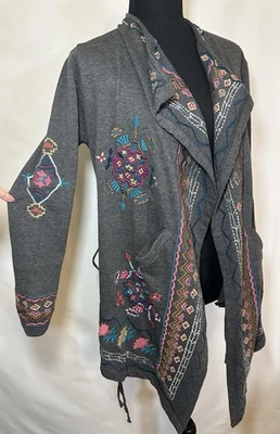 CAITE Women Gray Embroidered Southwest Floral Aztec Open Cardigan Jacket SMALL - Image 1 of 4