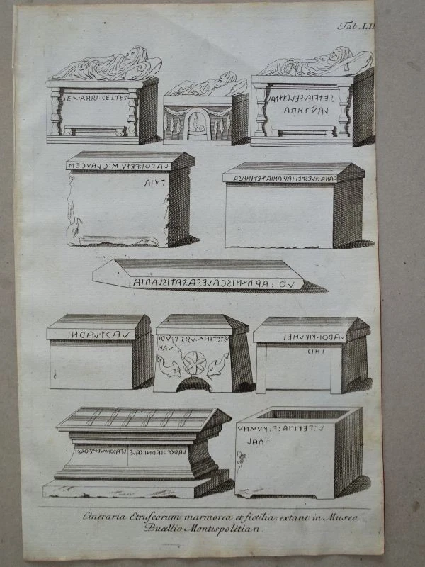 Cineraria Etruscorum Grabstein Antike Museum Montfaucon EA Gori Kupferstich 1770 - Bild 1 von 1