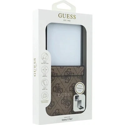 CG MOBILE Funda de móvil Galaxy Z Flip7 Guess MagSafe patrón cuero sintético marrón logotipo dorado