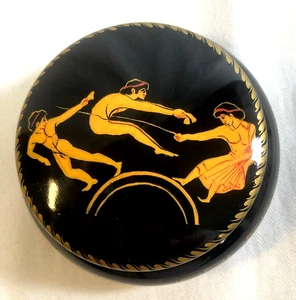 Vintage griechischer Sportler Volkskunst handbemalt leer Lack kleine Holz Schmuckschatulle - Bild 1 von 10