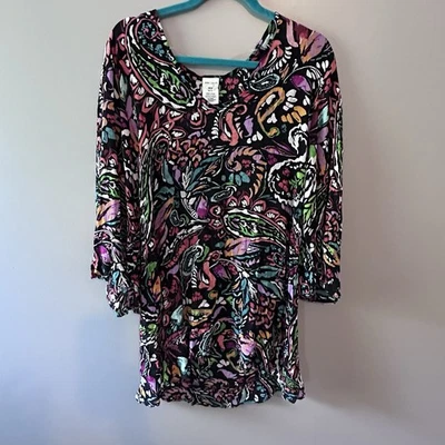 Anne Cole Semi Sheer V Neck Tunic Swimsuit Cover Up Black Bright Paisley SZ M/L - Image 1 of 4