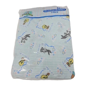 Vintage Baby Looney Tunes Bugs Tweety Bird 1996 Receiving Blanket 2 Pack 30x40 - Picture 1 of 2