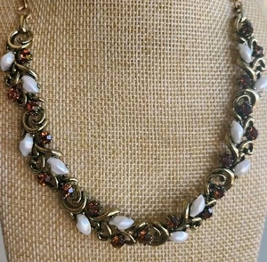 GORGEOUS VINTAGE LISNER NECKLACE W/ GLOWING AMBER & FAUX PEARLS VINTAGE - Picture 1 of 11