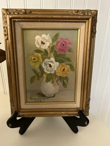 WHITE VASE WITH ROSES FRAMED ART ON CANVAS, 9.5" X 7.5" , SIGNED - Bild 1 von 3