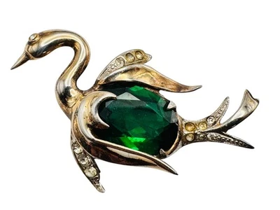 Vintage Sterling Silver Reja Unsigned Swan Bird Brooch Green Rhinestone - Image 1 of 4