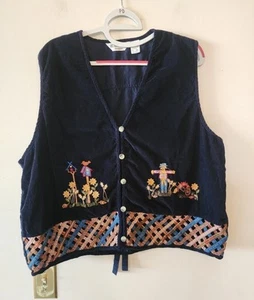 Victoria Jones Navy Blue Corduroy Plaid Floral Embroidery Vest Autumn Fall 3x - Picture 1 of 3