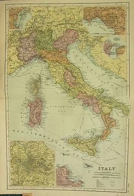 1912 LARGE ANTIQUE MAP ~ ITALY SICILY SARDINIA ~ INSET ENVIRONS ROME PALERMO - Image 1 of 3