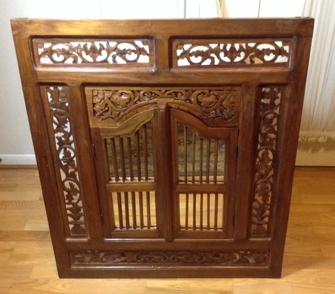 Ornate Asian Hand Carved Wood Window Frame Wall Art Panel With Mirror & 2Doors Cover