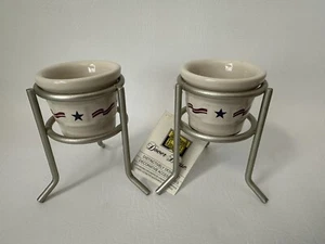 Longaberger Pottery All American Set of 2 Votive Candle Holders & 2 Metal Stands - Picture 1 of 5
