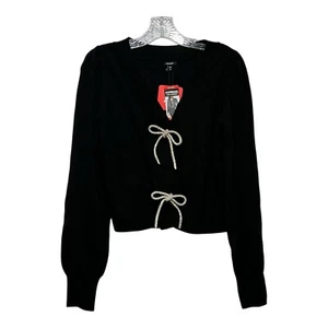 EXPRESS V-Neck Rhinestone Bow Black Cardigan Womens Size XS Snap Closure - Picture 1 of 14