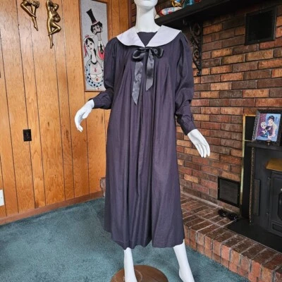 Vtg 80s Laura Ashley Blk Edwardian Puritan Collar Homespun Smock Midi Dress M/L - Image 1 of 4